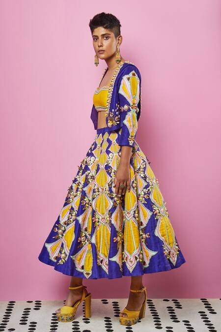 Papa Dont Preach_Purple Raw Silk Glass Beads, Pearls, Patchwork, Gold Jacket And Short Lehenga Set_Online_at_Aza_Fashions