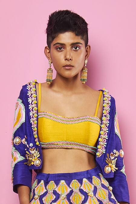 Buy_Papa Dont Preach_Purple Raw Silk Glass Beads, Pearls, Patchwork, Gold Jacket And Short Lehenga Set_Online_at_Aza_Fashions