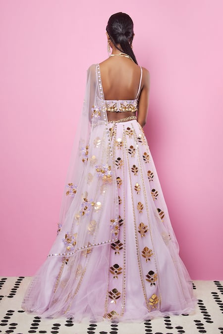 Shop_Papa Don't Preach_Purple Tulle Pearls, Sequins, 3d, Gold 3-d Embellished Crop Top Lehenga Set _at_Aza_Fashions