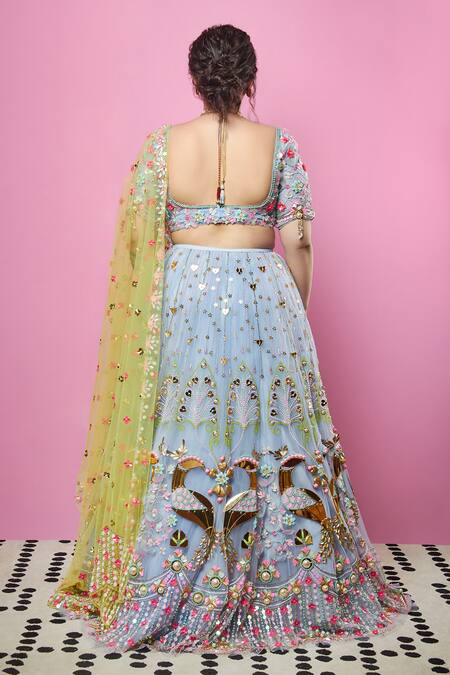 Shop Papa Don't Preach Blue Tulle, Georgette Glass Beads, 3-d Floral Vine Embellished Lehenga Set at Aza Fashions Shop_Papa Don't Preach_Blue Tulle, Georgette Glass Beads, 3-d Floral Vine Embellished Lehenga Set_at_Aza_Fashions
