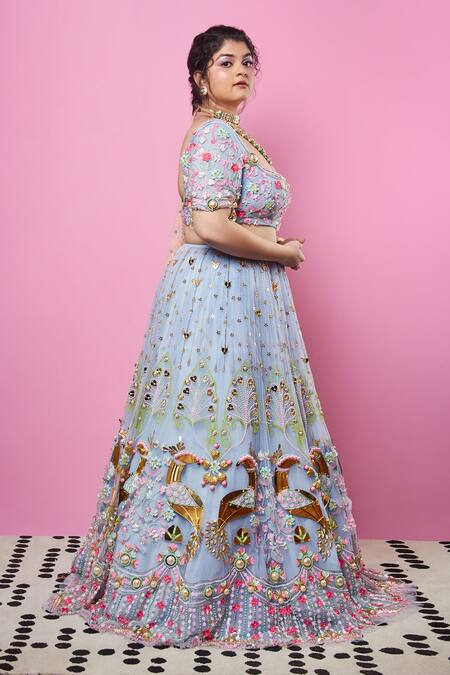 Papa Don't Preach Blue Tulle, Georgette Glass Beads, 3-d Floral Vine Embellished Lehenga Set Online at Aza Fashions Papa Don't Preach_Blue Tulle, Georgette Glass Beads, 3-d Floral Vine Embellished Lehenga Set_Online_at_Aza_Fashions