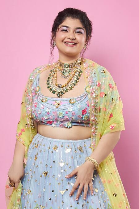 Buy Papa Don't Preach Blue Tulle, Georgette Glass Beads, 3-d Floral Vine Embellished Lehenga Set Online at Aza Fashions Buy_Papa Don't Preach_Blue Tulle, Georgette Glass Beads, 3-d Floral Vine Embellished Lehenga Set_Online_at_Aza_Fashions