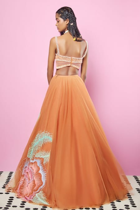 Shop_Papa Don't Preach_Brown Tulle Glass Beads, Reflective Sequins And 3d Embellished Blouse Lehenga Set _at_Aza_Fashions