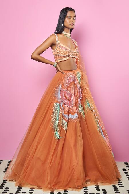 Papa Don't Preach_Brown Tulle Glass Beads, Reflective Sequins And 3d Embellished Blouse Lehenga Set _Online_at_Aza_Fashions