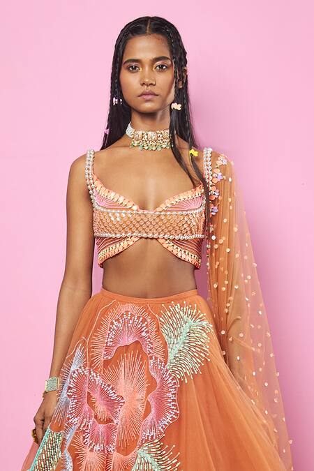 Buy_Papa Don't Preach_Brown Tulle Glass Beads, Reflective Sequins And 3d Embellished Blouse Lehenga Set _Online_at_Aza_Fashions