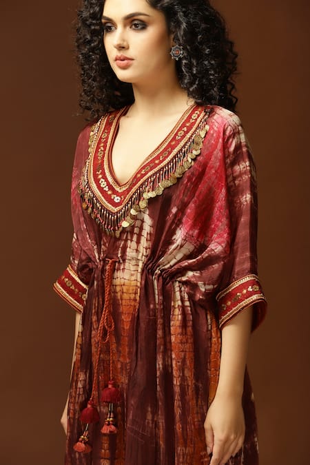 Shop_Capisvirleo_Brown Habutai Silk Sequin, Thread And Bead, Tie & Dye V Neck & Kaftan _Online_at_Aza_Fashions
