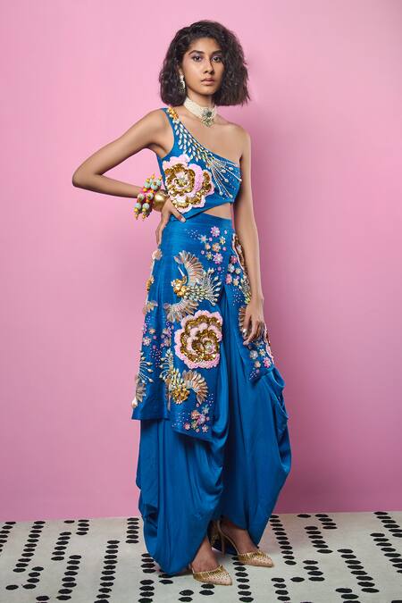 Papa Don't Preach_Blue Raw Silk, Swiss Cotton Glass Beads, Pearls, Embellished Dhoti Jumpsuit _Online_at_Aza_Fashions