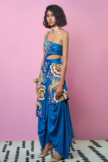 Buy_Papa Don't Preach_Blue Raw Silk, Swiss Cotton Glass Beads, Pearls, Embellished Dhoti Jumpsuit _Online_at_Aza_Fashions