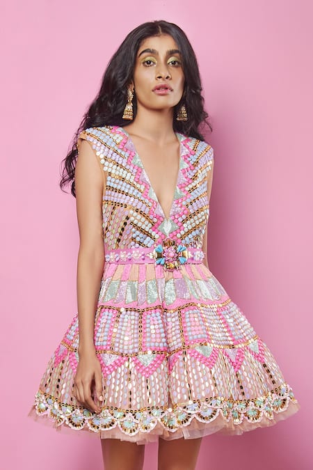 Buy Papa Don't Preach Beige Tulle Pearls, Sequins, Beads, 3d Work, Metallic 3-d Embellished Dress Online at Aza Fashions Buy_Papa Don't Preach_Beige Tulle Pearls, Sequins, Beads, 3d Work, Metallic 3-d Embellished Dress _Online_at_Aza_Fashions