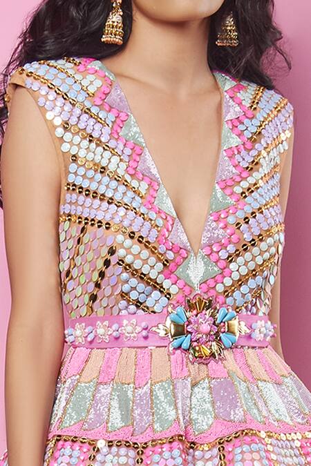 Shop Papa Don't Preach Beige Tulle Pearls, Sequins, Beads, 3d Work, Metallic 3-d Embellished Dress Online at Aza Fashions Shop_Papa Don't Preach_Beige Tulle Pearls, Sequins, Beads, 3d Work, Metallic 3-d Embellished Dress _Online_at_Aza_Fashions