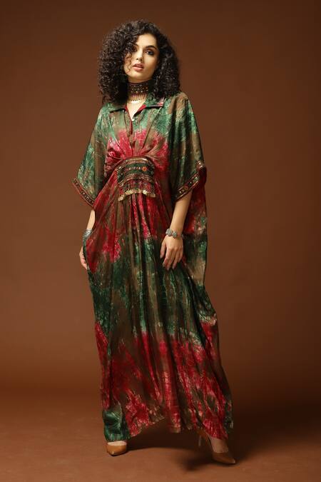 Capisvirleo_Red Habutai Silk Sequin, Thread And Bead, Tie & Dye Collared Neck & Kaftan _Online_at_Aza_Fashions
