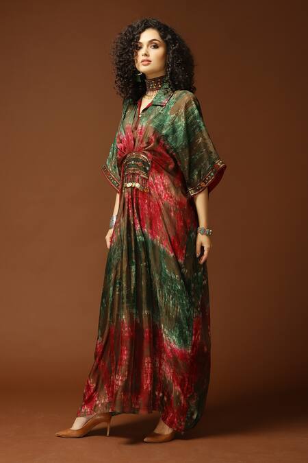 Shop_Capisvirleo_Red Habutai Silk Sequin, Thread And Bead, Tie & Dye Collared Neck & Kaftan _Online_at_Aza_Fashions