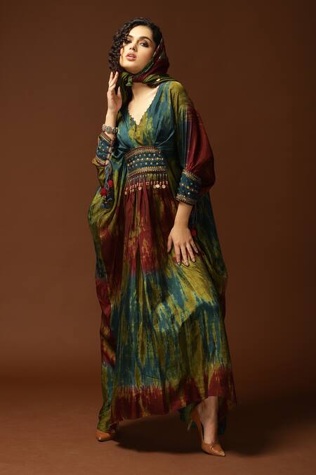 Capisvirleo_Blue Habutai Silk Sequin, Thread And Bead, Tie & Dye V Neck & Kaftan _Online_at_Aza_Fashions