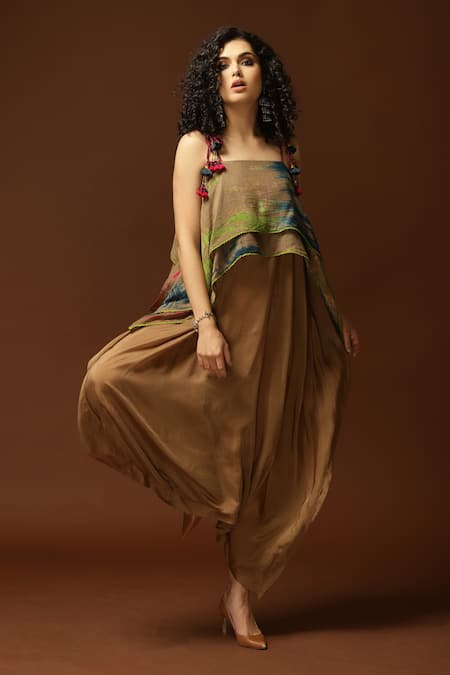 Buy_Capisvirleo_Gold Habutai Silk Tie And Dye Square Neck & Dhoti Jumpsuit _Online_at_Aza_Fashions