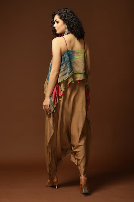 Shop_Capisvirleo_Gold Habutai Silk Tie And Dye Square Neck & Dhoti Jumpsuit _at_Aza_Fashions