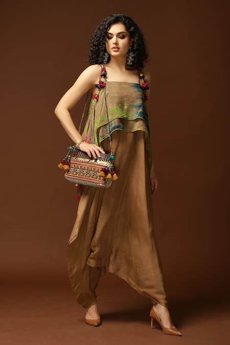 Capisvirleo_Gold Habutai Silk Tie And Dye Square Neck & Dhoti Jumpsuit _Online_at_Aza_Fashions