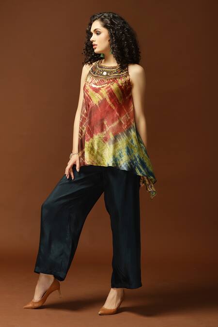 Buy_Capisvirleo_Blue Habutai Silk Sequin, Thread And Bead, Tie & Dye Round & Top _Online_at_Aza_Fashions