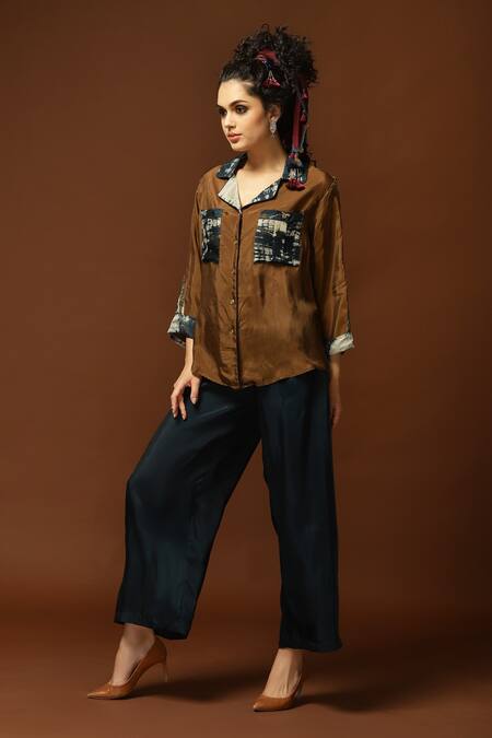 Buy_Capisvirleo_Brown Habutai Silk Tie And Dye Collared Neck & Shirt _Online_at_Aza_Fashions