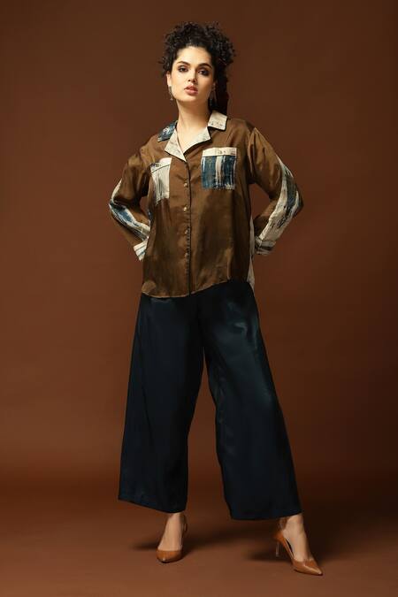 Capisvirleo Brown Habutai Silk Tie And Dye Collared Neck & Shirt