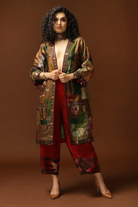 Capisvirleo Gold Habutai Silk, Lining Cotton Shantoon Sequin, Thread Patchwork Long Jacket