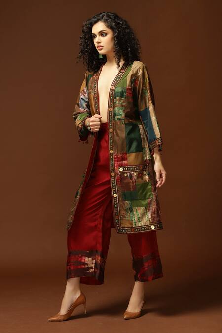 Shop_Capisvirleo_Gold Habutai Silk, Lining Cotton Shantoon Sequin, Thread Patchwork Long Jacket _Online_at_Aza_Fashions