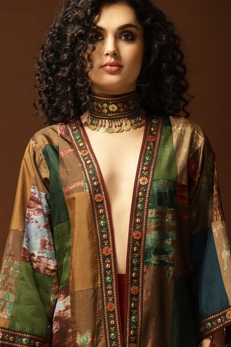 Capisvirleo_Gold Habutai Silk, Lining Cotton Shantoon Sequin, Thread Patchwork Long Jacket _at_Aza_Fashions