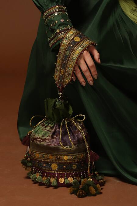 Capisvirleo_Green Sequins, Embroidery, Tassels Tie And Dye Potli Bag _Online_at_Aza_Fashions