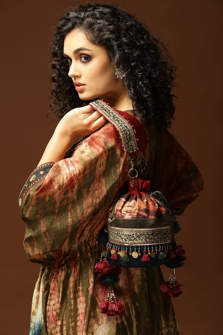 Capisvirleo_Blue Tassels, Sequins Tie And Dye Potli Bag _Online_at_Aza_Fashions