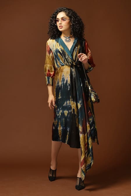 Capisvirleo_Black Habutai Silk Tie And Dye Collared Neck & Midi Dress _Online_at_Aza_Fashions
