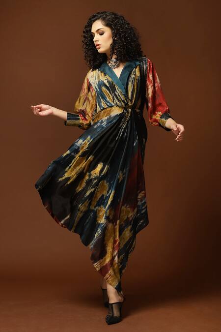 Shop_Capisvirleo_Black Habutai Silk Tie And Dye Collared Neck & Midi Dress _Online_at_Aza_Fashions
