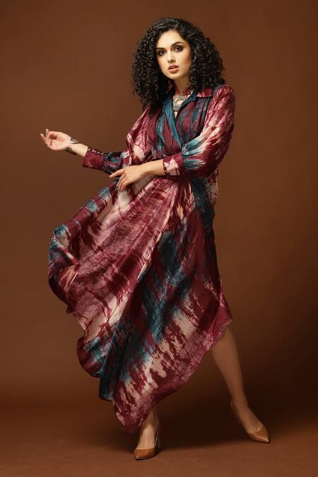 Capisvirleo_Blue Habutai Silk Tie And Dye Collared Neck & Midi Dress _Online_at_Aza_Fashions