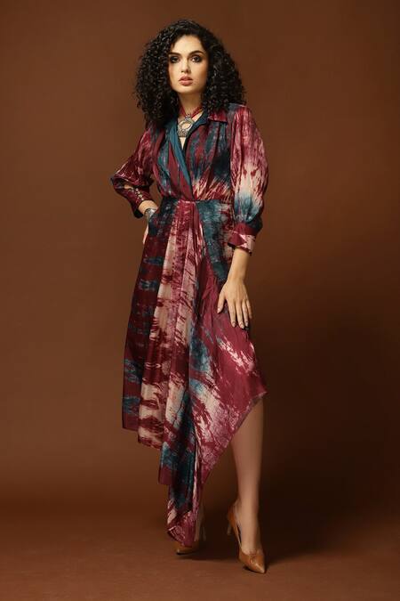 Buy_Capisvirleo_Blue Habutai Silk Tie And Dye Collared Neck & Midi Dress _Online_at_Aza_Fashions
