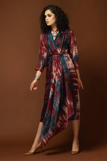 Shop_Capisvirleo_Blue Habutai Silk Tie And Dye Collared Neck & Midi Dress _Online_at_Aza_Fashions