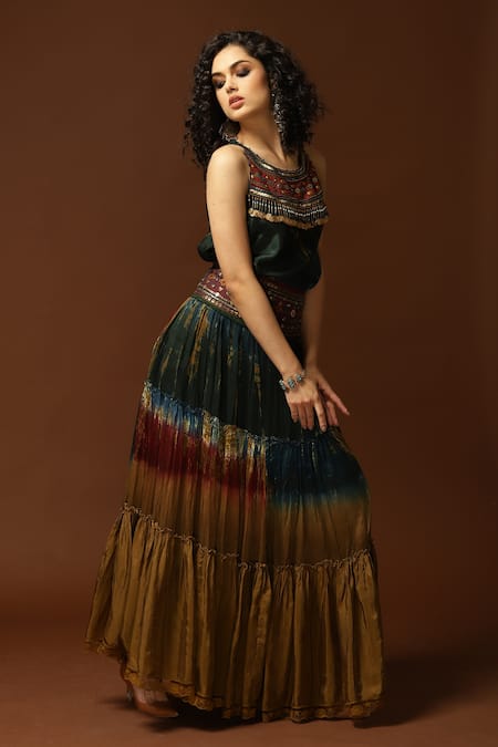 Shop_Capisvirleo_Green Habutai Silk Printed Tie-dye Tie And Dye Skirt  _at_Aza_Fashions