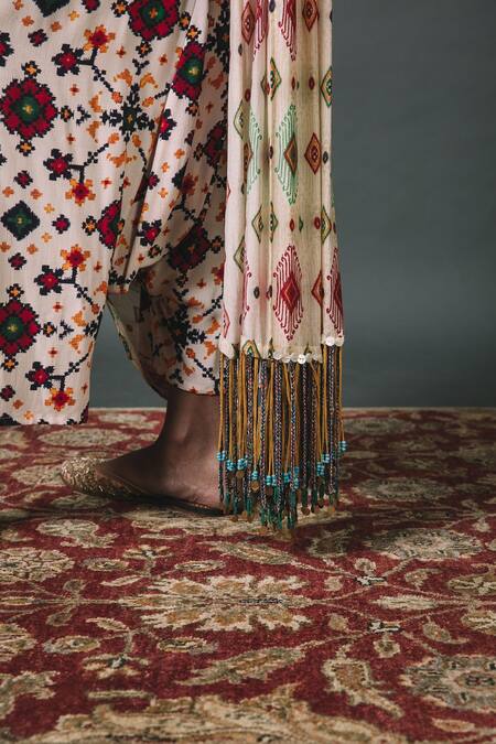 Shop Sonam Luthria Ivory Crepe Geometric Print, Studs, Tassels Shirt Collar Pant Set Online at Aza Fashions Shop_Sonam Luthria_Ivory Crepe Geometric Print, Studs, Tassels Shirt Collar Pant Set_Online_at_Aza_Fashions