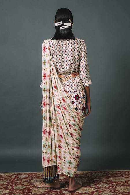 Shop Sonam Luthria Ivory Crepe Geometric Print, Studs, Tassels Shirt Collar Pant Set at Aza Fashions Shop_Sonam Luthria_Ivory Crepe Geometric Print, Studs, Tassels Shirt Collar Pant Set_at_Aza_Fashions