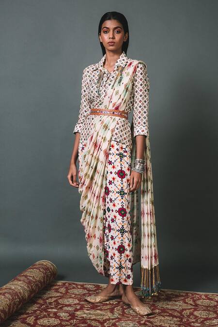 Sonam Luthria Ivory Crepe Geometric Print, Studs, Tassels Shirt Collar Pant Set Online at Aza Fashions Sonam Luthria_Ivory Crepe Geometric Print, Studs, Tassels Shirt Collar Pant Set_Online_at_Aza_Fashions