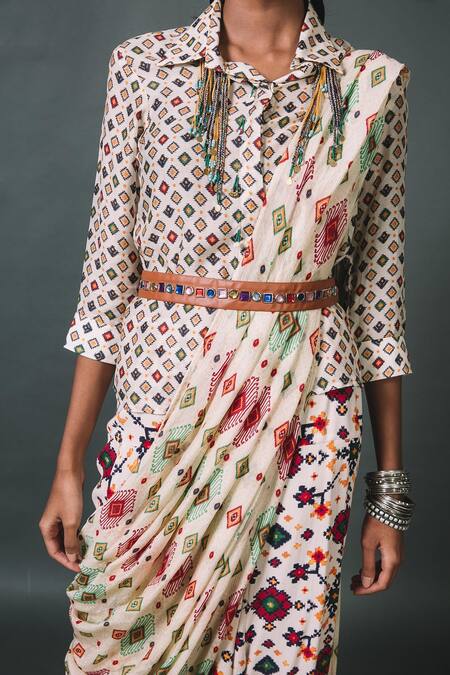 Buy Sonam Luthria Ivory Crepe Geometric Print, Studs, Tassels Shirt Collar Pant Set Online at Aza Fashions Buy_Sonam Luthria_Ivory Crepe Geometric Print, Studs, Tassels Shirt Collar Pant Set_Online_at_Aza_Fashions