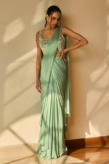 Parshya Green Blouse And Saree Viscose Georgette Satin Pre-draped With 