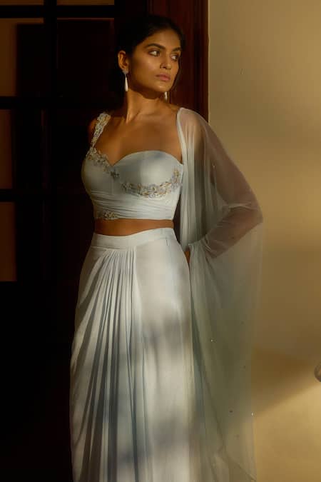 Parshya Blue Asymmetric Neck Draped Skirt Corset Set Online at Aza Fashions Parshya_Blue Asymmetric Neck Draped Skirt Corset Set _Online_at_Aza_Fashions