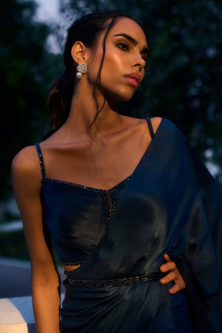 Parshya_Blue Lining Shantoon, Viscose Embellished Pre-draped Saree With Blouse _Online_at_Aza_Fashions