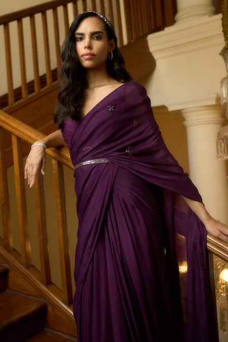 Parshya_Wine Blouse Pure Silk Organza, Lining Shantoon, Embroidered Pre-draped With _Online_at_Aza_Fashions