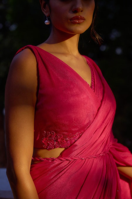 Parshya_Fuchsia Lining Shantoon, Pre-draped Lehenga Saree With Embellished Blouse _Online_at_Aza_Fashions