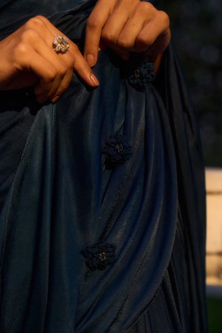 Buy_Parshya_Blue Lining Shantoon, Viscose Embellished Pre-draped Saree With Blouse _Online_at_Aza_Fashions