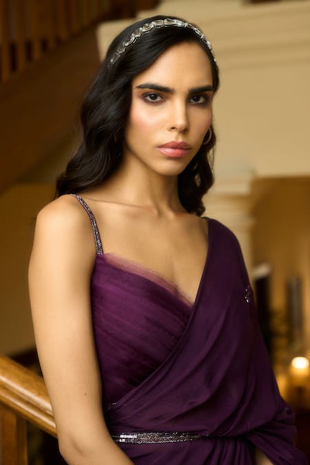 Buy_Parshya_Wine Blouse Pure Silk Organza, Lining Shantoon, Embroidered Pre-draped With _Online_at_Aza_Fashions