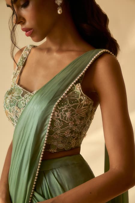 Parshya_Green Blouse And Saree Viscose Georgette Satin, Lining Shantoon Pre-draped With _Online_at_Aza_Fashions