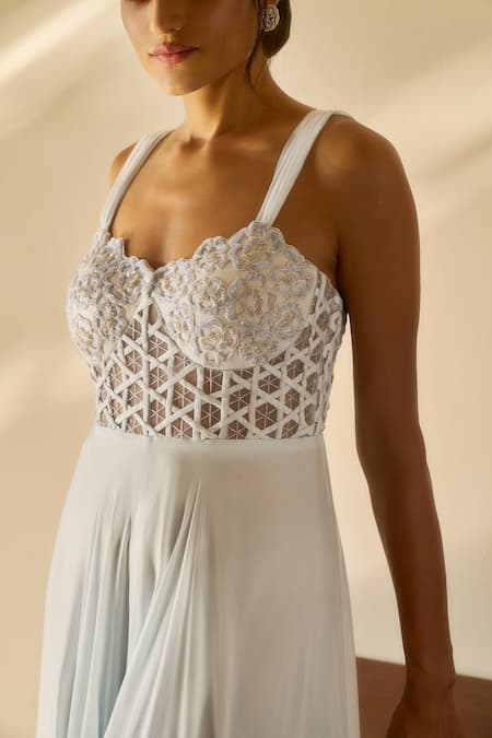 Buy_Parshya_Blue Jacket Folded Collar, Jumpsuit Sweetheart Neck And Bomber Set _Online_at_Aza_Fashions