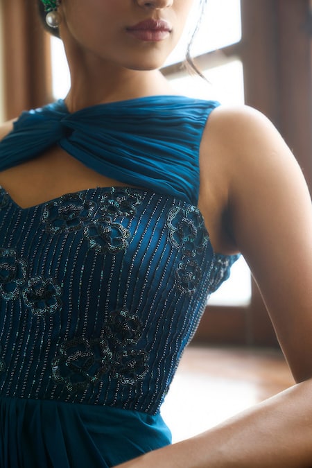 Parshya Green Lining Shantoon, Viscose Flat Chiffon Floral V Embroidered Draped Gown Online at Aza Fashions Parshya_Green Lining Shantoon, Viscose Flat Chiffon Floral V Embroidered Draped Gown _Online_at_Aza_Fashions