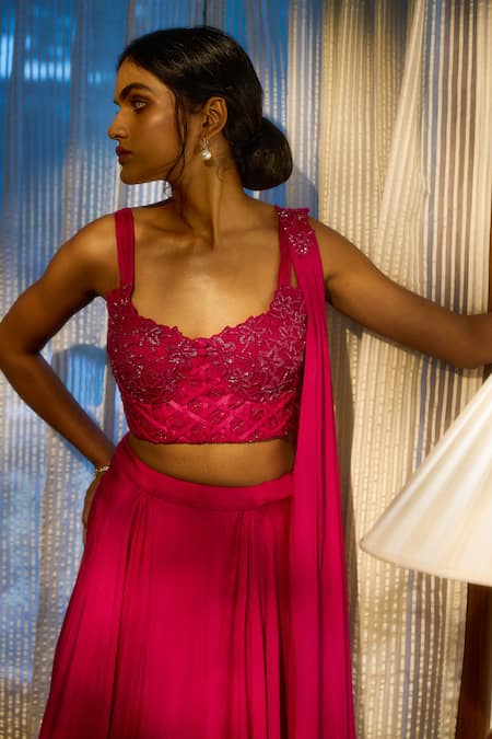 Parshya_Fuchsia Sweetheart Neck Pleated Lehenga Corset Set _Online_at_Aza_Fashions