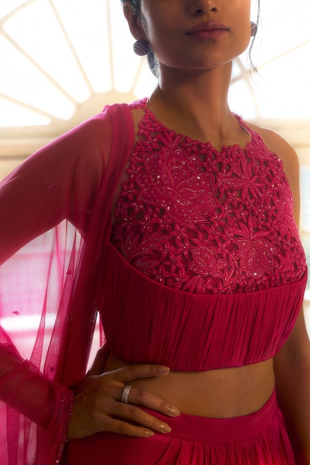 Parshya Fuchsia Halter Neck Draped Skirt Embellished Blouse Set Online at Aza Fashions Parshya_Fuchsia Halter Neck Draped Skirt Embellished Blouse Set _Online_at_Aza_Fashions